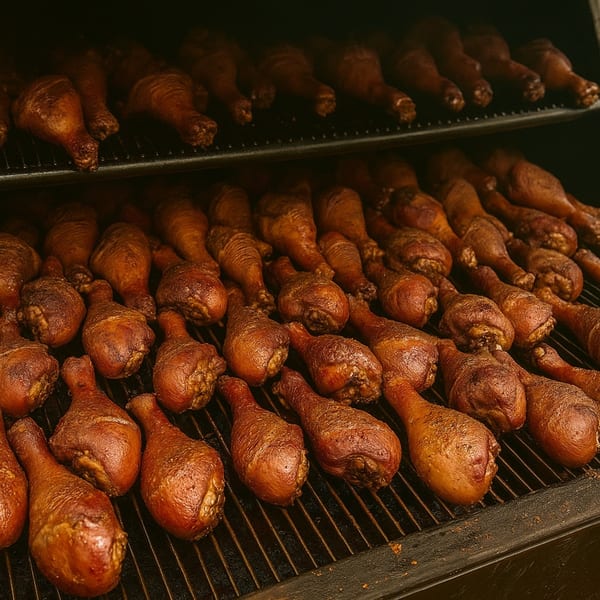 Rows of golden-brown, smoked chicken drumsticks cooking on a grill at Rendezvous Bar & Grill.