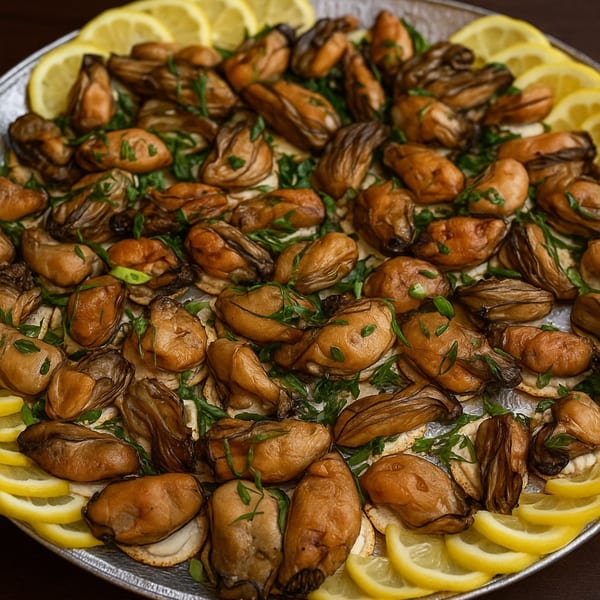 A platter of baked oysters garnished with fresh parsley and lemon slices at Rendezvous Bar & Grill.