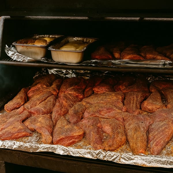 Seasoned meat cuts and foil pans with food cooking inside a dark smoker at Rendezvous Bar & Grill.