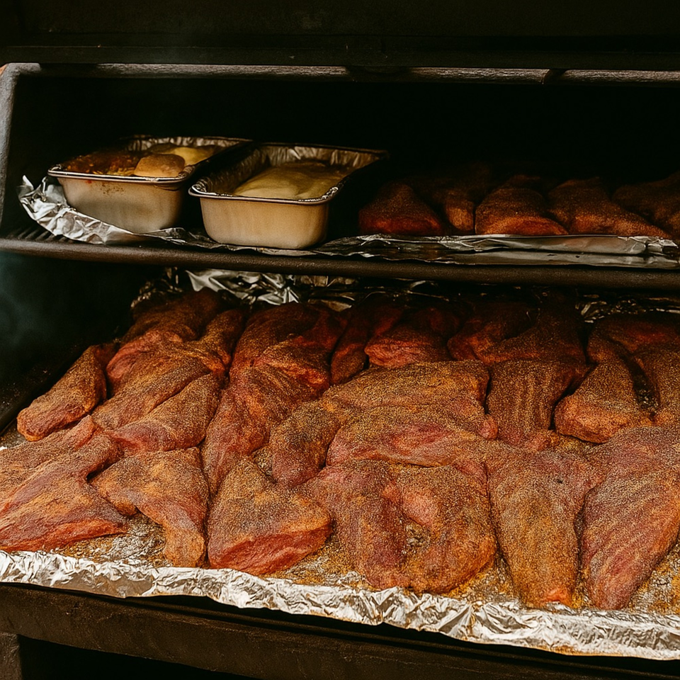 Seasoned meat cuts and foil pans with food cooking inside a dark smoker at Rendezvous Bar & Grill.