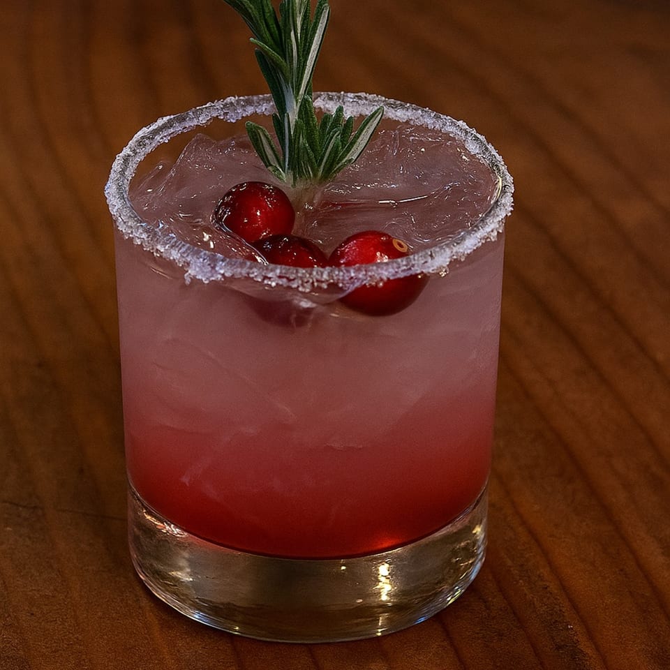 A cranberry cocktail with a sugared rim, garnished with fresh cranberries and a rosemary sprig.