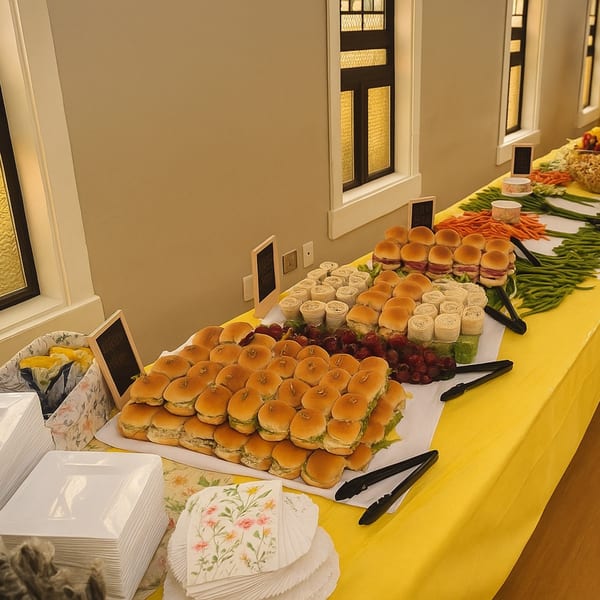 A long buffet table at Rendezvous Bar & Grill with sliders, wraps, vegetables, and fruit.