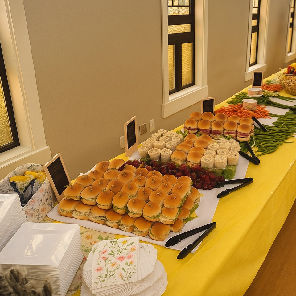 A long buffet table at Rendezvous Bar & Grill with sliders, wraps, vegetables, and fruit.
