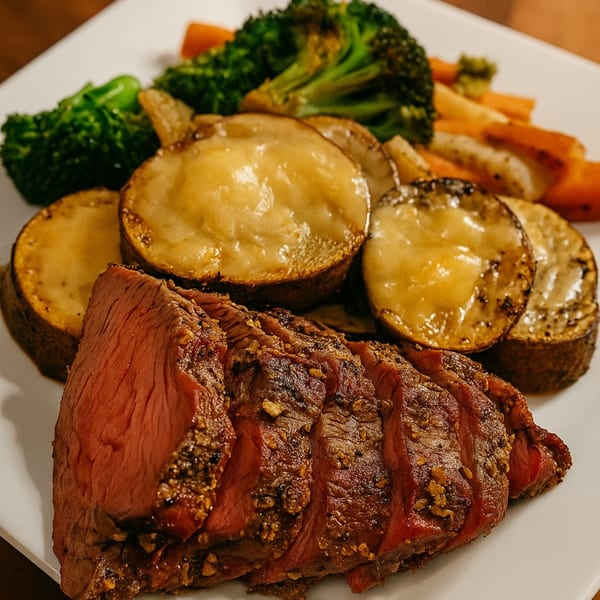 Sliced roast beef with roasted potatoes, broccoli, and carrots on a white plate.