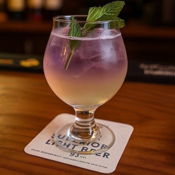 A purple and yellow layered cocktail with mint garnish sits on a coaster at Rendezvous Bar & Grill.