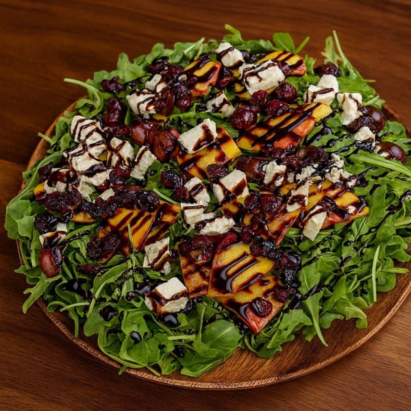 Arugula salad with grilled peaches, goat cheese, dried cranberries, and balsamic glaze on a wooden plate.